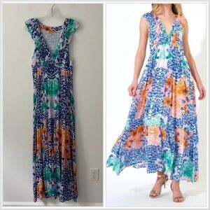 Oliphant Tuckernuck Ruffle V Neck Flowy Maxi Dress Blue Antigua Floral M